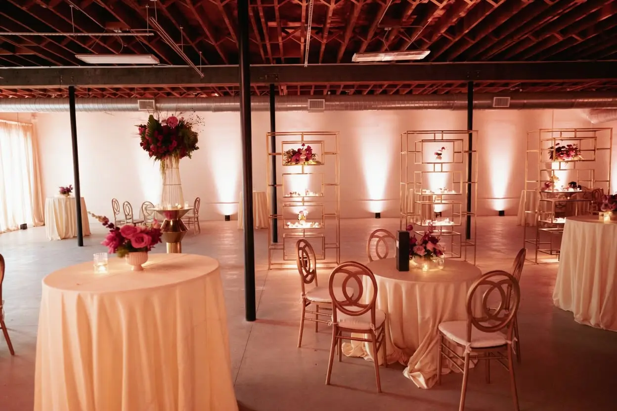 Elegant hall rental at Maayon Yisroel in Los Angeles set up for a wedding, bar mitzvah, sheva brachos, or private event.