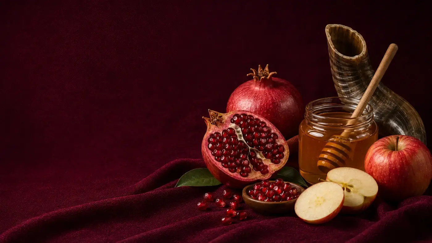Apples, honey, pomegranate and shofar for Rosh Hashanah services at Chabad of Ventura