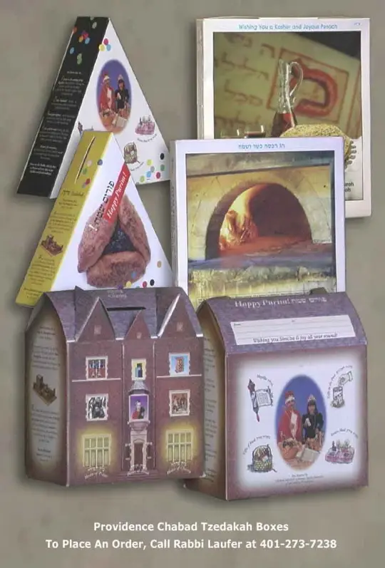 Scroll down for pictures of Purim and Matza boxes Call (401) 273-7238 for more info