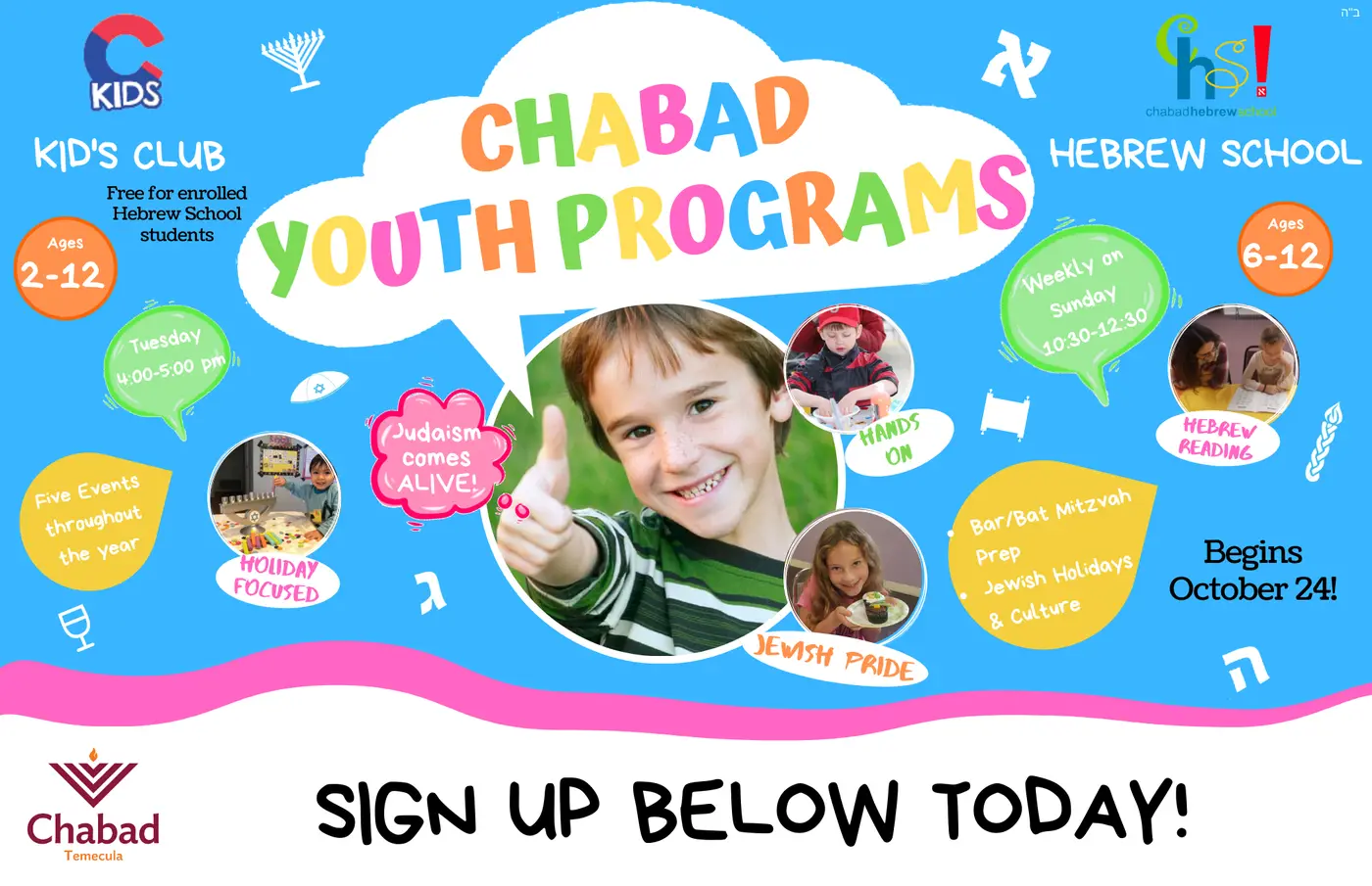 Sign up & more info below! Youth Kid's Club Sunday Hebrew School