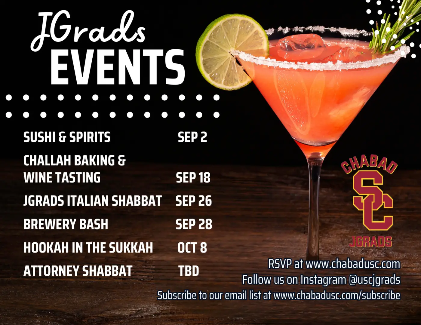 Sushi & Spirits Welcome event Kosher Brewery Bash Hookah in Sukkah RSVP here RSVP here RSVP here