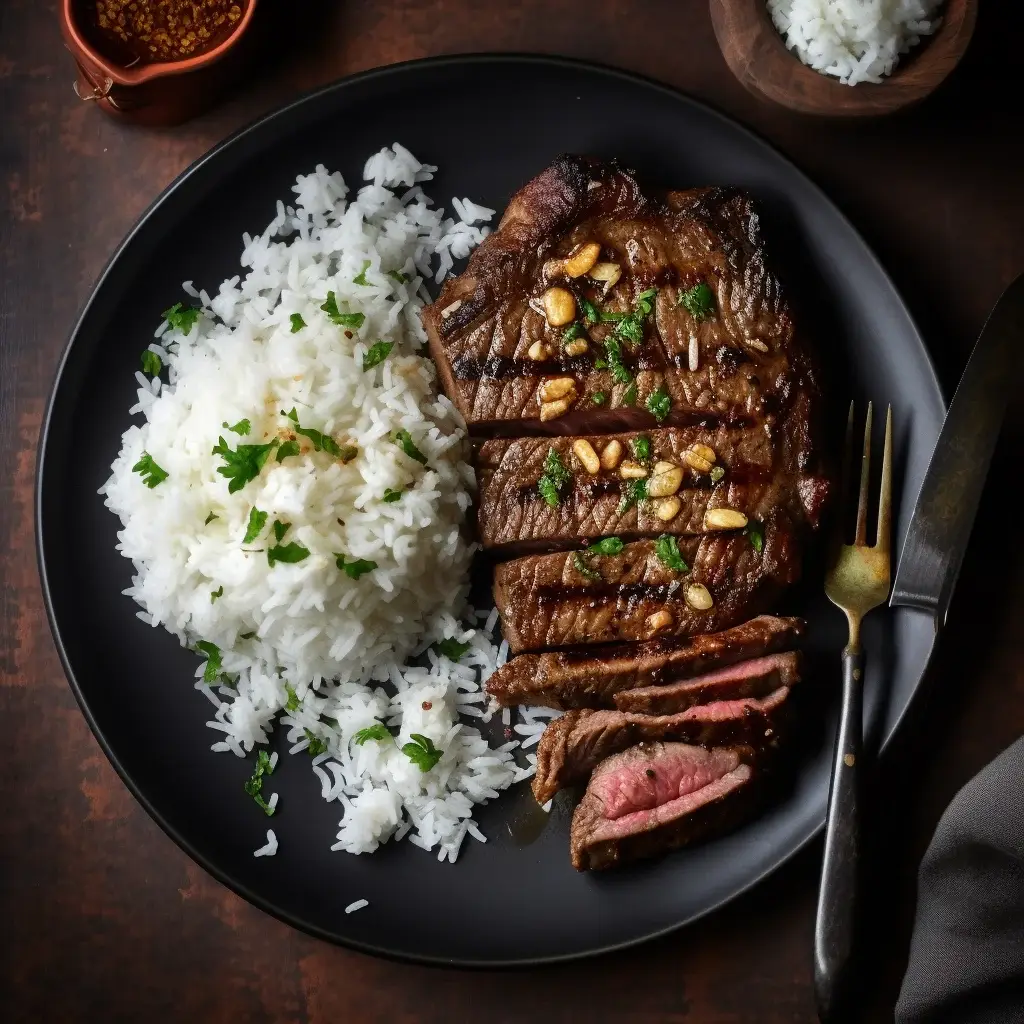Ribeye Steak grilled to perfection with basmati rice