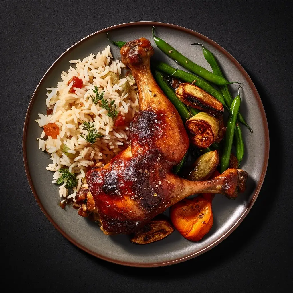 Barbecue glazed chicken leg quarter Thursday with rice pilaf and green beans