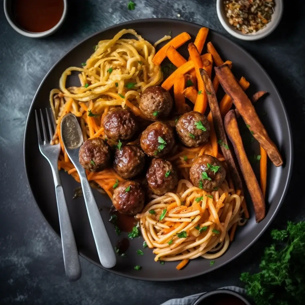 Sweet and Sour Meatballs Monday with spaghetti and sweet potato fries