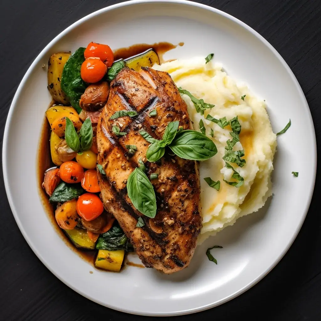 Grilled basil and garlic boneless chicken Sunday with mashed potatoes and summer vegetables