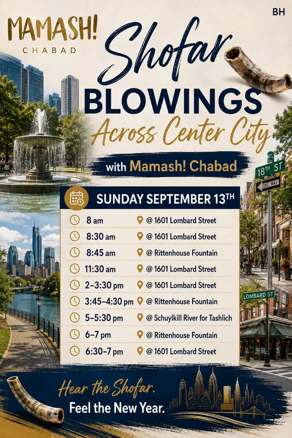 Shofar Blowings Across Center City September 13 @ 8:00 am - 7:00 pm Add to calendar Google Calendar iCalendar Outlook 365 Outlook Live