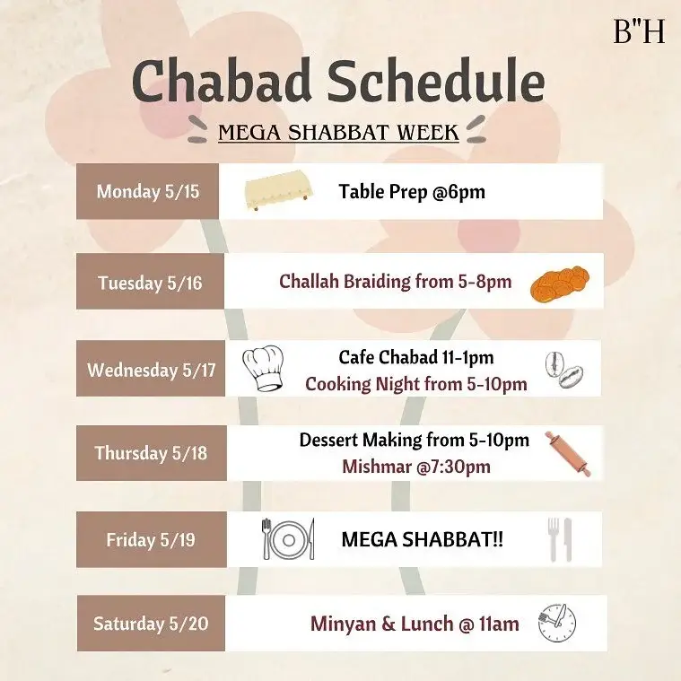 Want to help us prep for Mega Shabbat this week?? Stop by at any time for any of our prep events and help out :) We cannot wait to see you all!! 🥰😎

Also do not