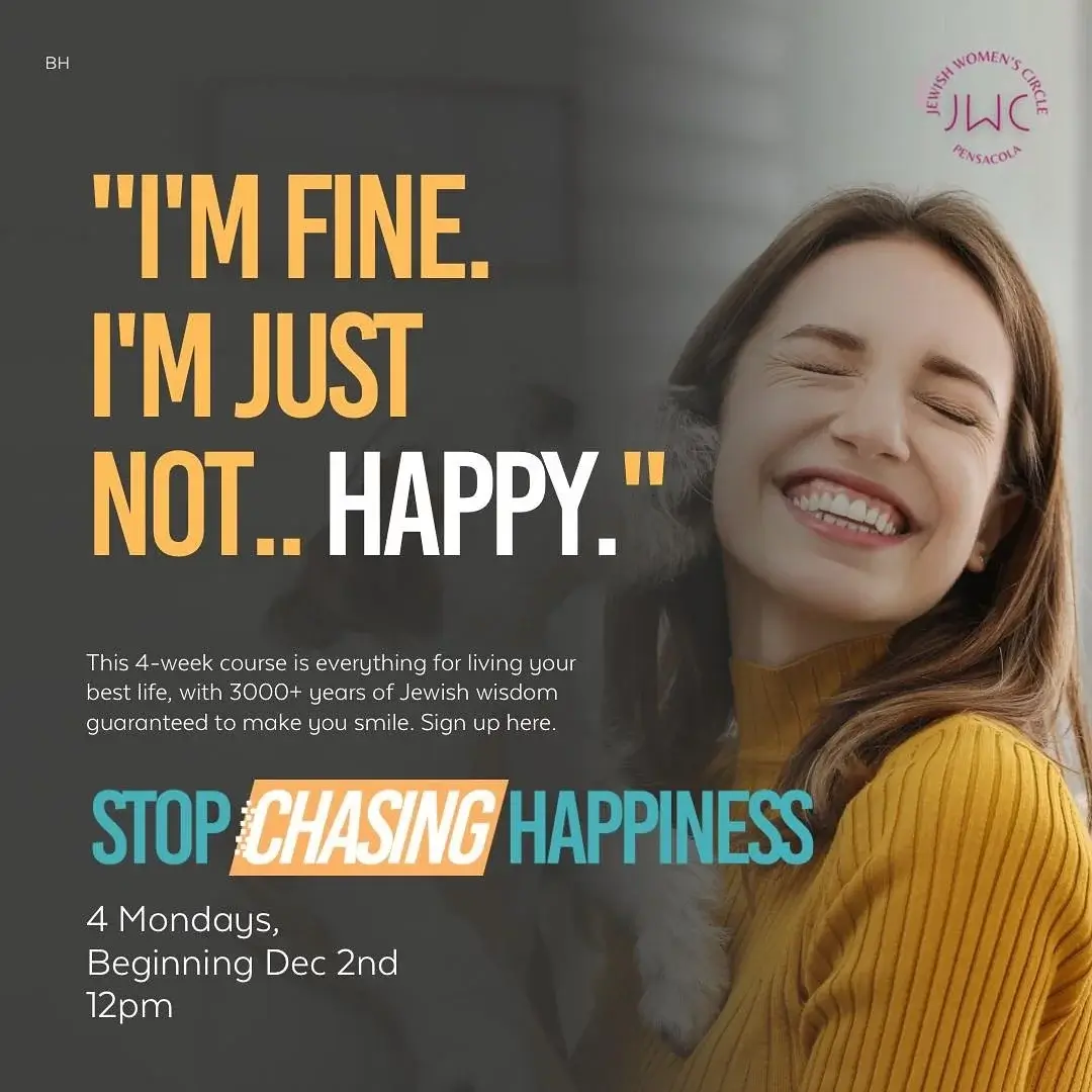 STOP CHASING HAPPINESS Beginning next Monday!! A unique 4 week course for women, given by Rebbetzin Nechama. DM if you want to join!