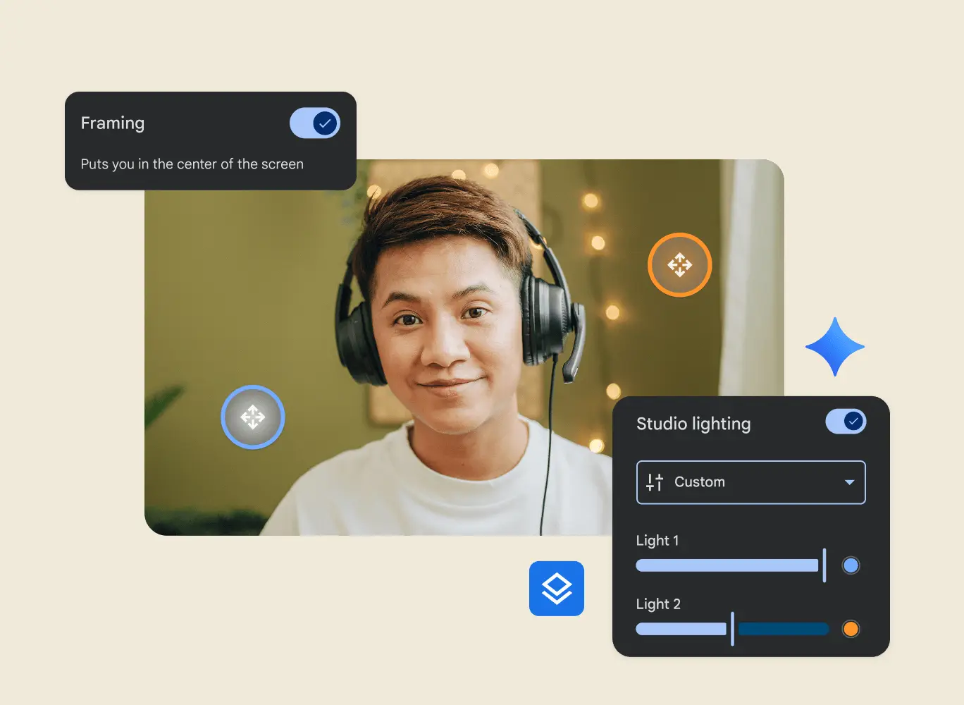 A person using “Studio lighting” and “Framing” in Google Meet to adjust their video appearance.