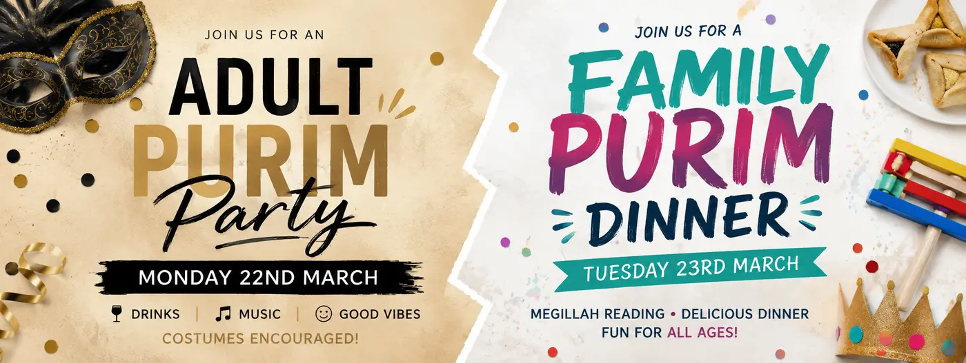 Adult Purim Party and Family Purim Dinner flyer