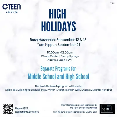 Rosh Hashanah: Sep-12, 13 | Yom Kippur: Sep-21 High Holidays Program 2026 Seperate Programs for Middle School and High School RSVP