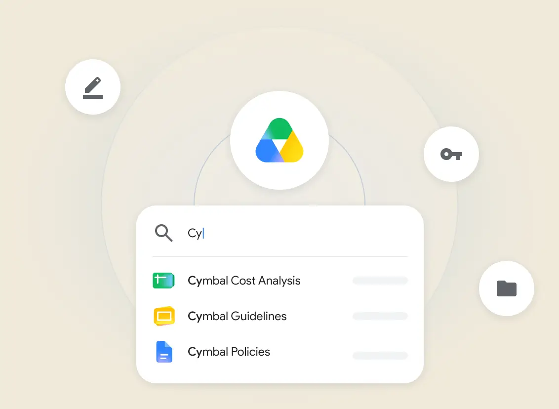 A user starts typing a file name into the Google Drive search tool, and a list of potential matches appears.