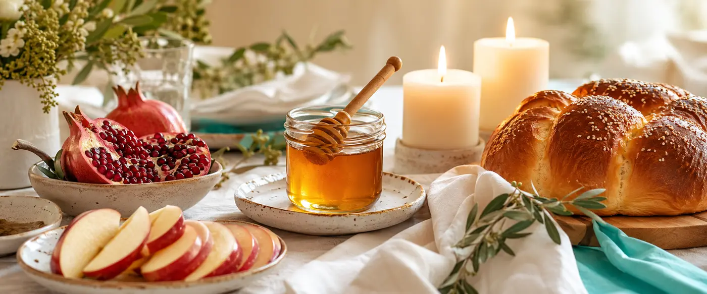 A festive Rosh Hashanah dinner table with apples, honey, pomegranates, and candles
