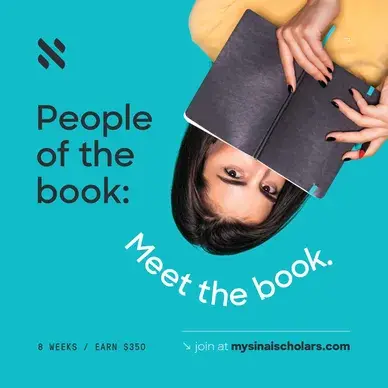 Upside-down woman holding book with text about meeting the book.
