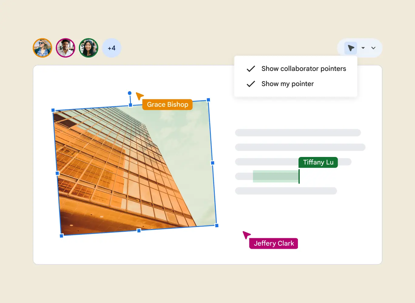 A user can select to show their own and collaborators’ pointers on a slide, so everyone can see exactly who is doing what.