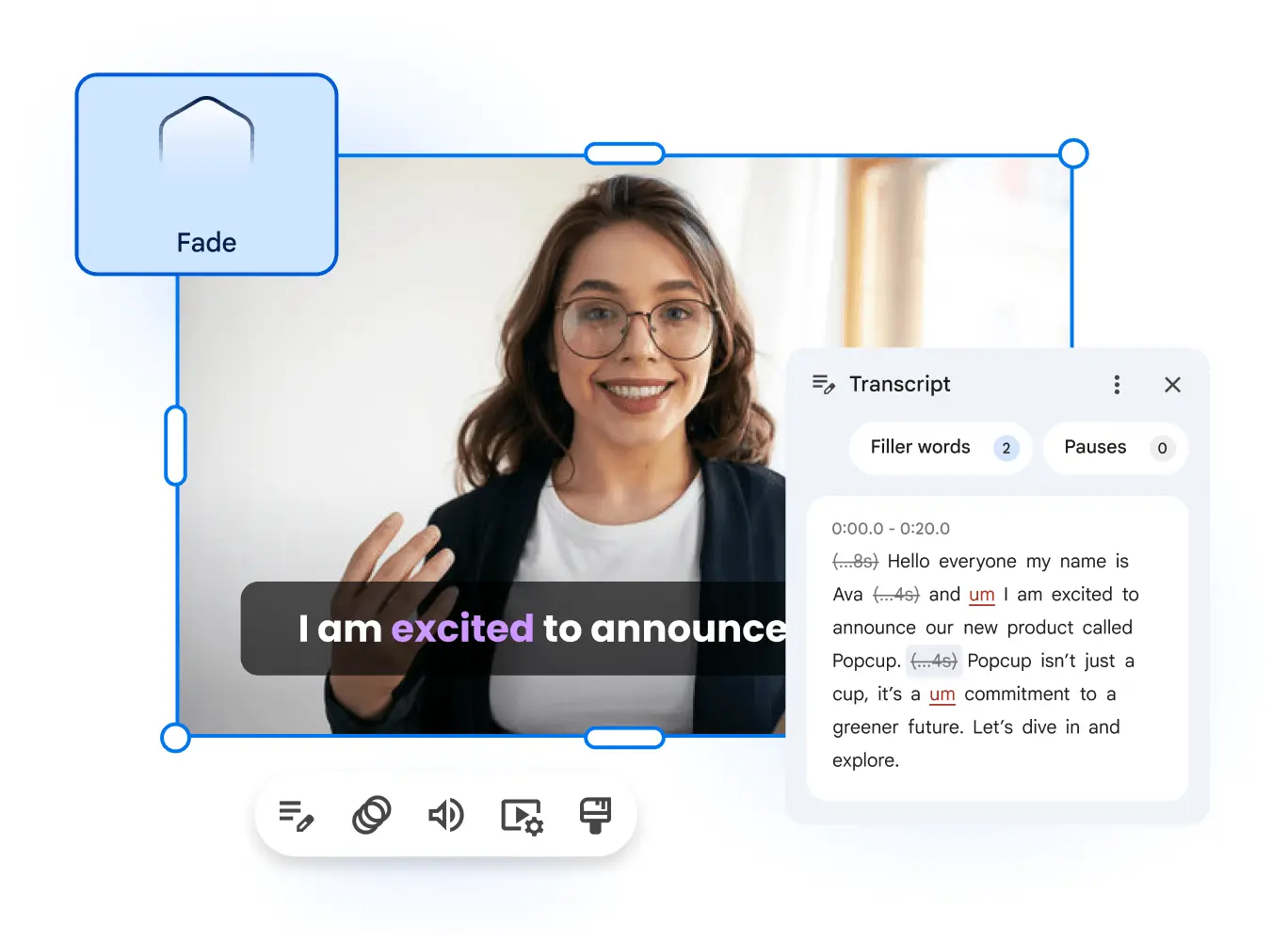 Vids editing workspace featuring an automated transcript tool and caption overlay