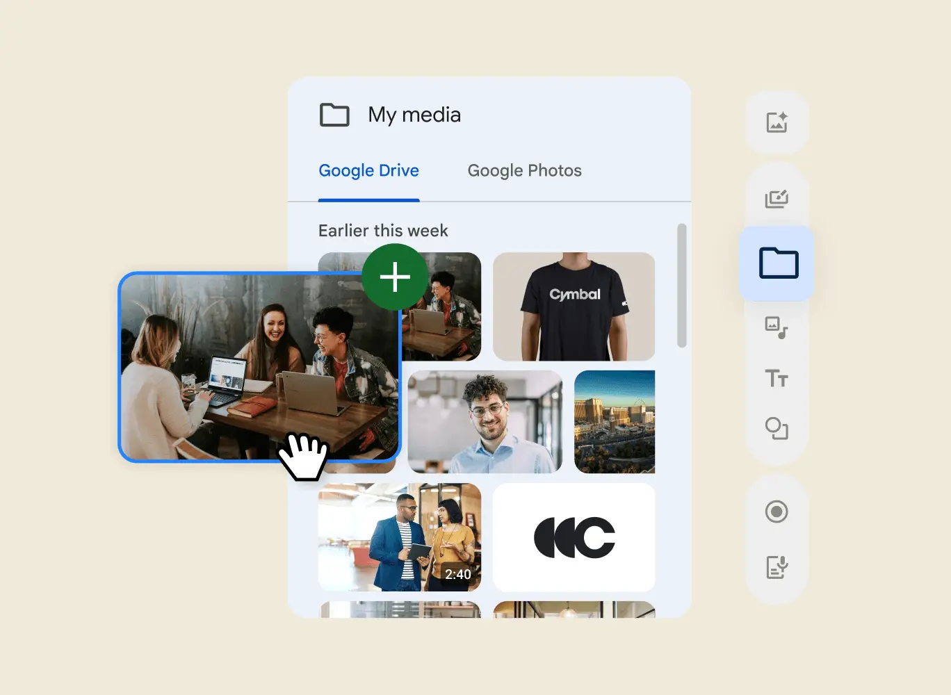 Vids panel interface displaying photo and video upload options from Google Drive and Photos