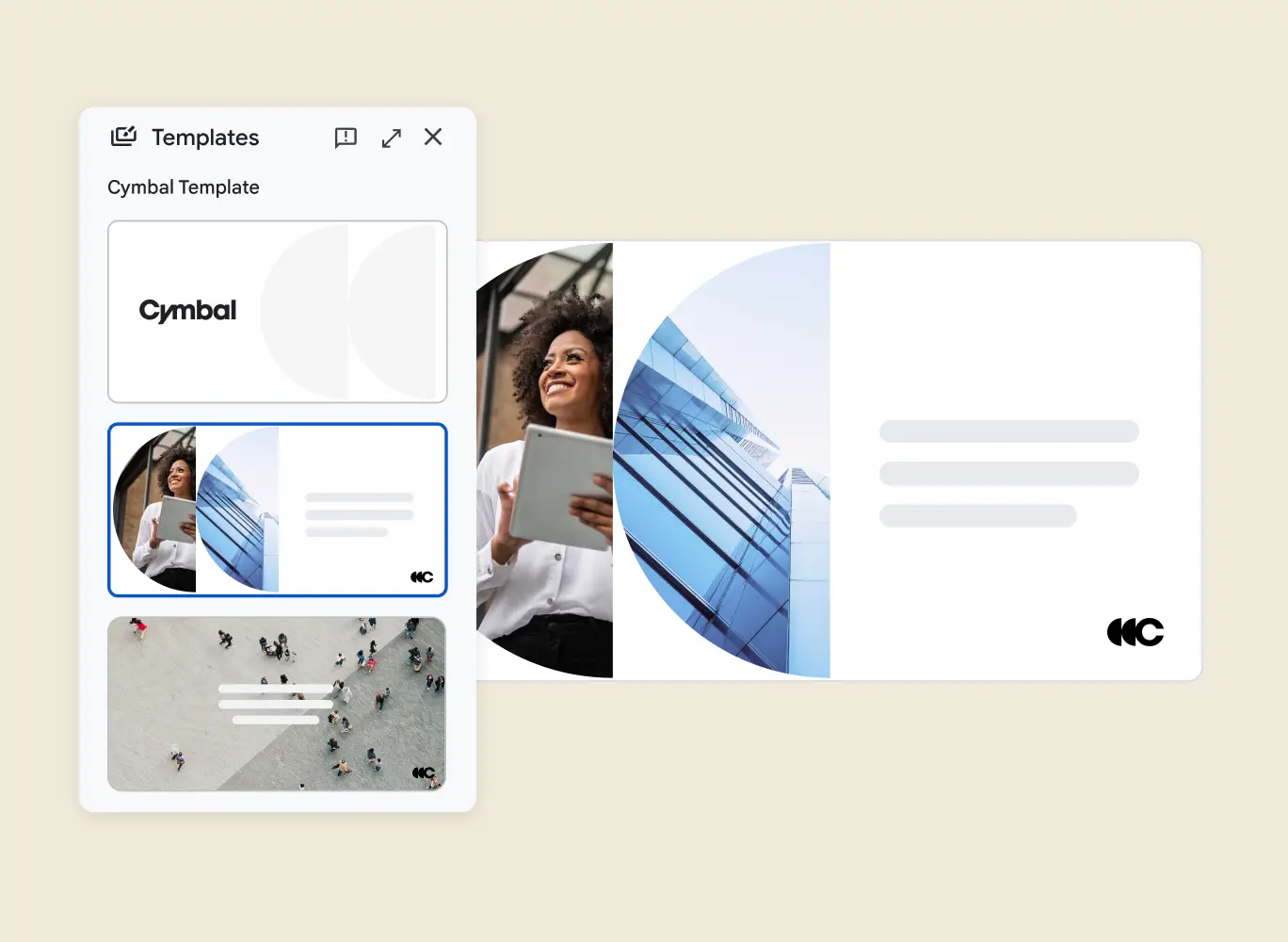 An example of branded Google Slides templates, showing three different slide layouts.
