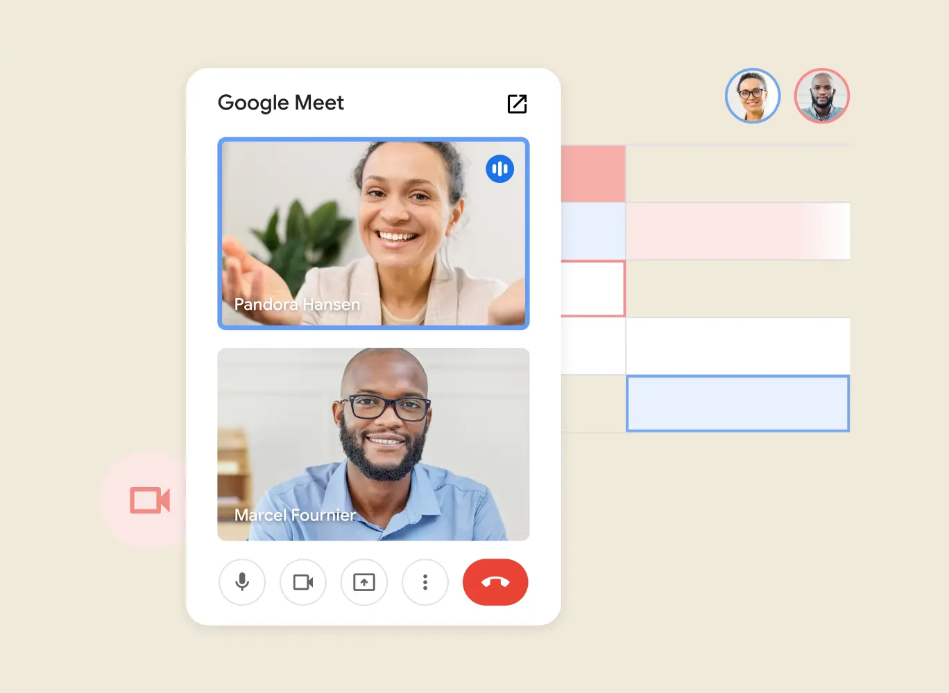 Two team members on a Meet call within Sheets