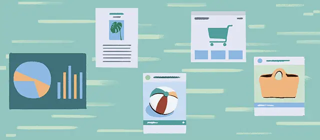A row of images, including a bar graph, two ads and an online shopping cart.