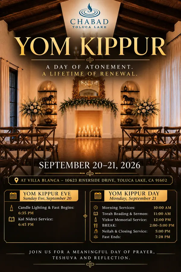 YOM KIPPUR SERVICES 📍 At Villa Blanca –10623 Riverside Drive, Toluca Lake, CA 91602